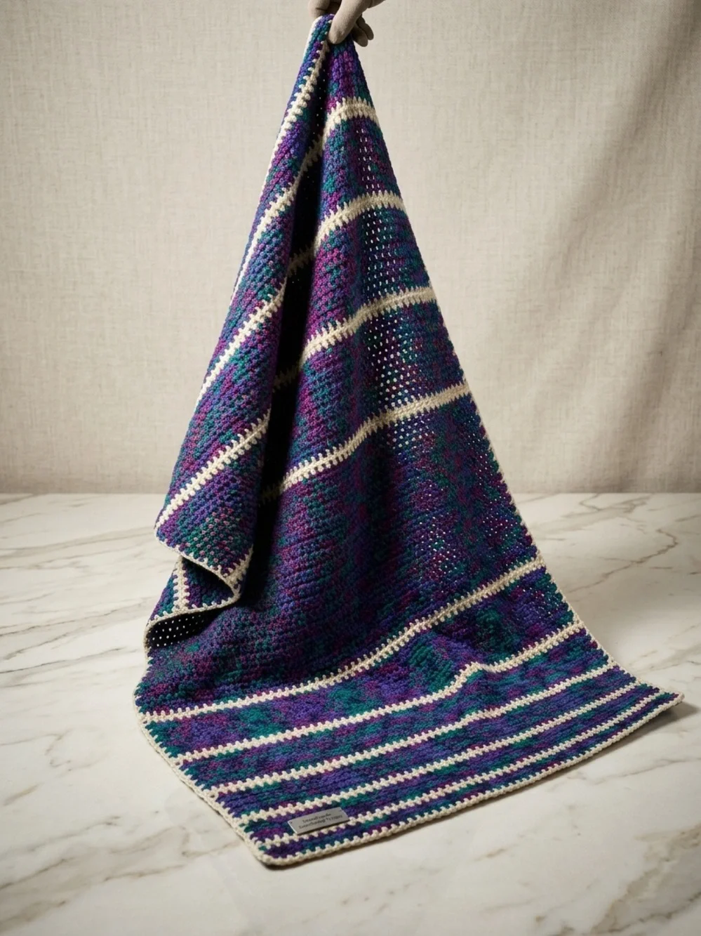 Handmade Crochet Stripe Pouch in Purple, Teal & Cream